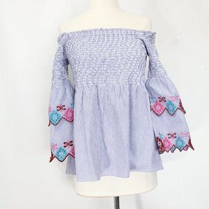 Loft Smocked Top Medium Women Bell Sleeve Shirt Off Shoulder